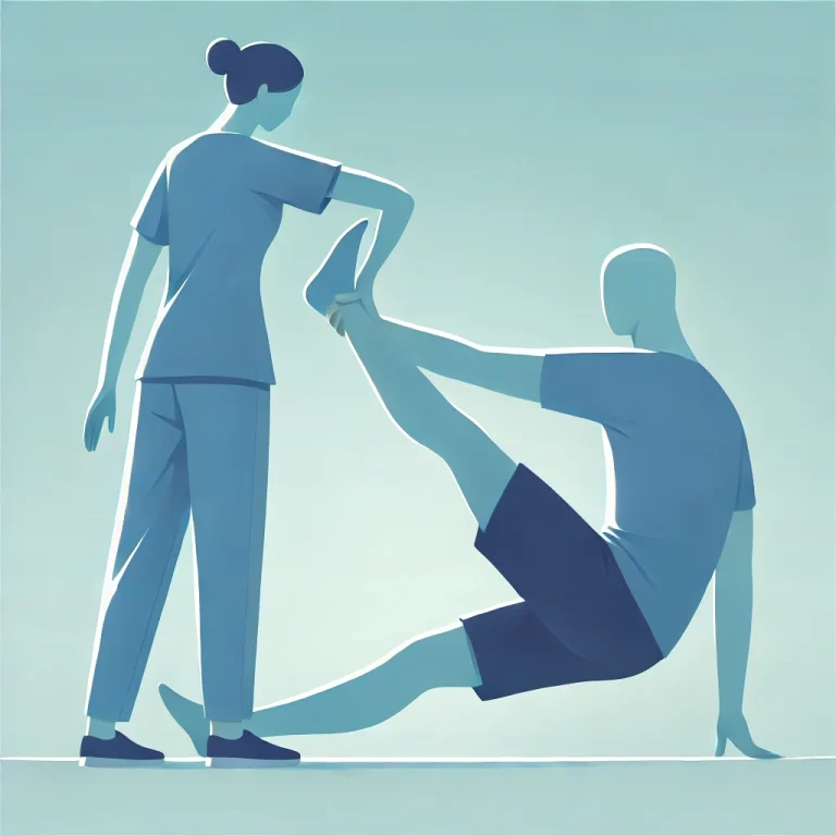 O persoană implicată într-un exercițiu de kinetoterapie, întinzându-și piciorul cu ajutorul unui terapeut. Fundalul este un gradient albastru deschis, simplu, care transmite un sentiment de calm și vindecare. Pacientul este uimit de beneficiile kinetoterapiei.