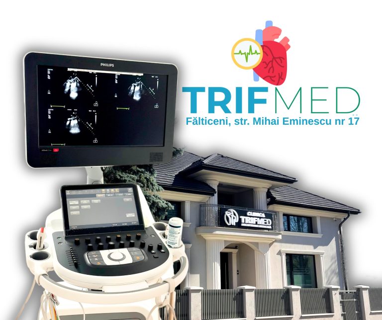 Ecograf cardiovascular performant și sediul Clinicii TrifMed din Fălticeni.